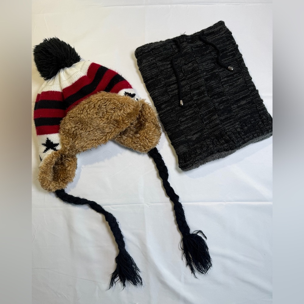 Striped Knit Hat with Pom Pom and Black Knit Scarf Set- OS